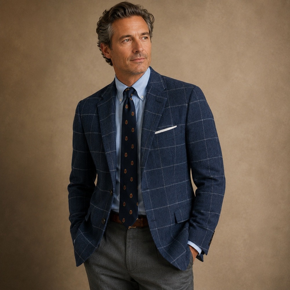 Samuel Windsor Blazer Men 40R Blue Wool Herringbone Windowpane Sports Jacket